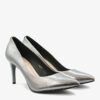 buty sala 1816Buty sala-1816-739 - eleganckie srebrne czółenka na obcasie, widok z przodu na białym tle