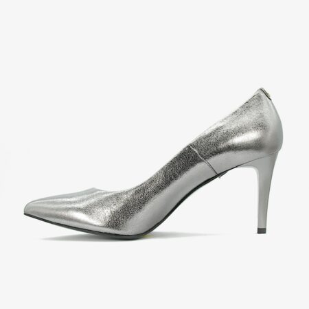 Buty sala-1816-739 - srebrne czółenka z błyszczącym wykończeniem, perspektywa trzech czwartych, na białym tle
