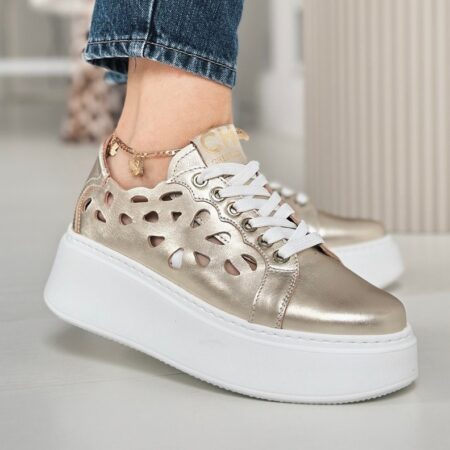 Buty Chebello Złote Ażurowe Półbuty Skórzane 4326