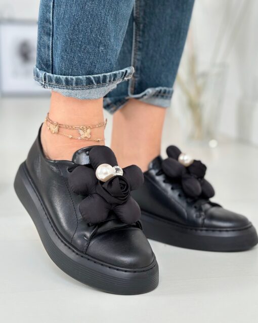 Czarne Sneakersy z Odpinaną Ozdobą CheBello Skórzane 4361