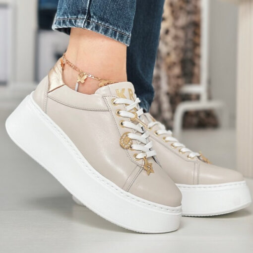 Karino 5066 Beż Lico - Sneakersy z Złotymi Akcentami