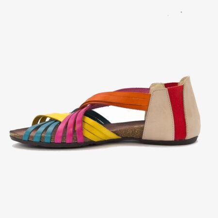 Sandały damskie hiszpańskie Verano z kolorowymi skórzanymi pasami. Buty zaprojektowane z myślą o stylu i komforcie, z paskami w odcieniach żółci, różu, czerwieni i niebieskiego.