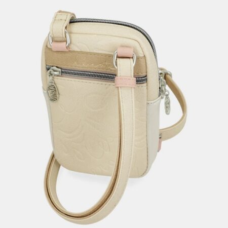 Crossbody Anekke z tyłu z paskiem – Torebka prezentująca funkcjonalny tylny suwak oraz elegancki, beżowy pasek.