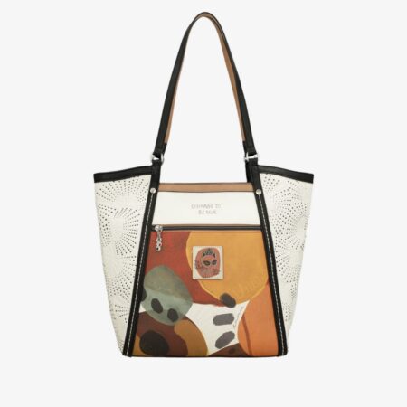 Widok na tył torby Anekke Alma z artystyczną grafiką w odcieniach pomarańczu i beżu, napisem „Courage to be real” oraz perforowanymi bokami – torba anekke shopper.